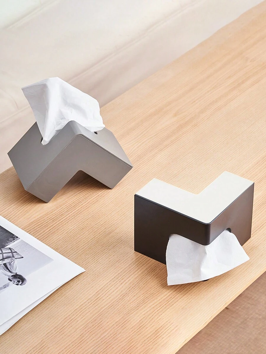 1pc Black & White/Solid Grey PP Plastic LShaped Tissue Box, Multi
