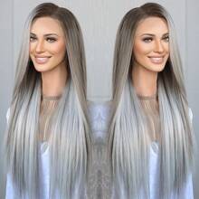 13x6 Highlight Lace Front Wig Ash Blonde Grey Synthetic Hair Pre Plucked For Women 24 Inches Glueless Long Bone Straight Highlight Blonde Lace Frontal Wigs - Highlight Ash Blonde Grey - View 2