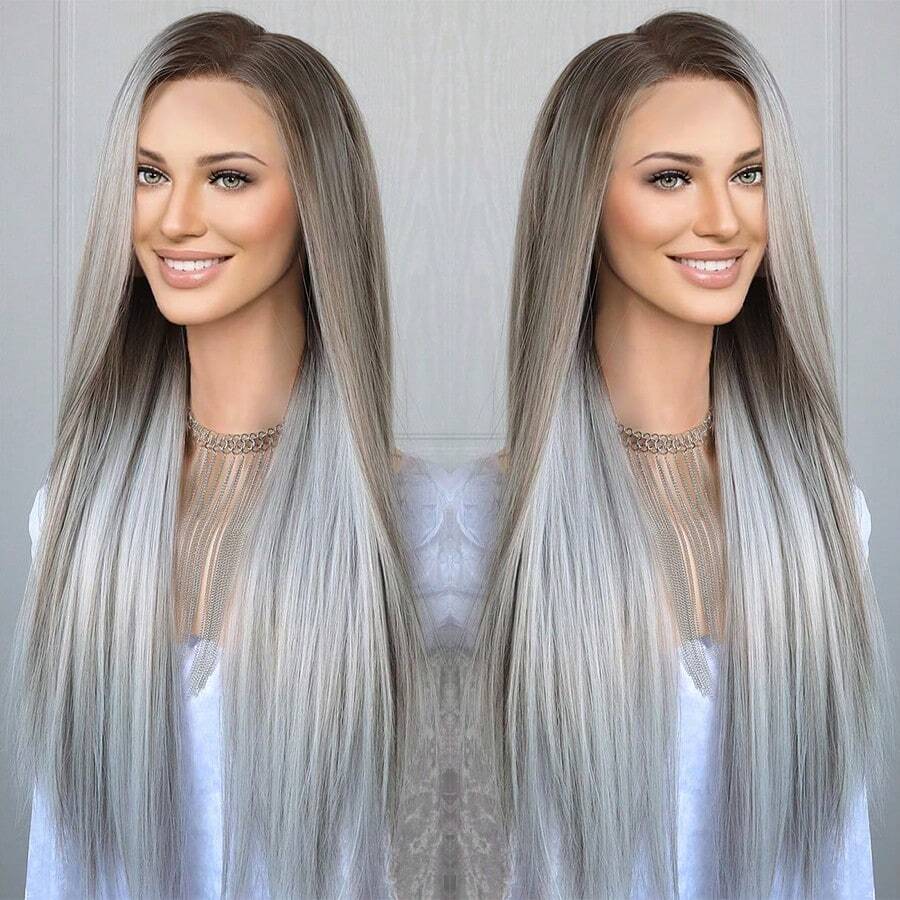 13x6 Highlight Lace Front Wig Ash Blonde Grey Synthetic Hair Pre Plucked For Women 24 Inches Glueless Long Bone Straight Highlight Blonde Lace Frontal Wigs