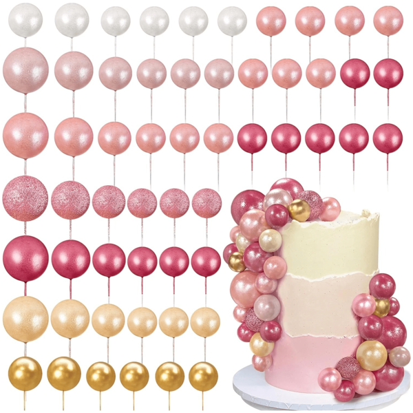 56 PCS Ball Cake Picks Colorful Ball Shaped Cake Topper Faux Pearl Balls Cupcake Cake Insert Topper For Birthday Party Wedding Decoration Supplies Pink Series Seven Colors,