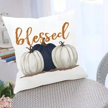 4pcs/1pc Thanksgiving Decorative Pillow Case, Harvest Season Pumpkin & Letter Print Blue Cushion Cover, Thanksgiving Decor Sofa Throw Pillow Sham - Multicolor - View 8