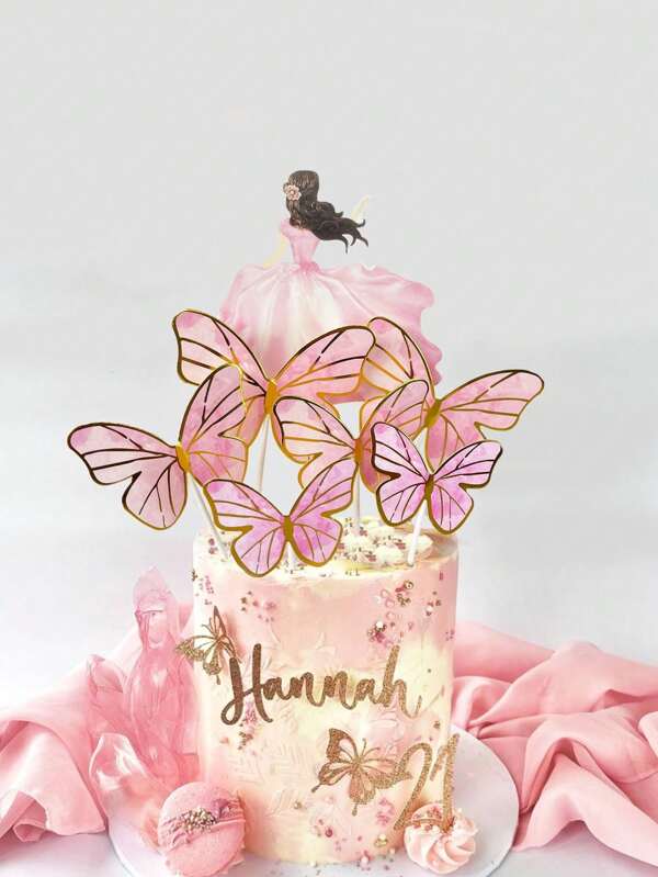 7 piezas de decoraciones toppers para pastel de fiesta de cumpleaños de mujer con fondo de mariposas rosa y morado