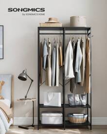 SONGMICS Portable Clothes Wardrobe, Foldable Closet, Clothes Rack Freestanding, Closet Organiser, With Hanging Rods, Storage Shelves, Removable Hooks, 40 X 94.5 X 180 Cm - Black - View 1