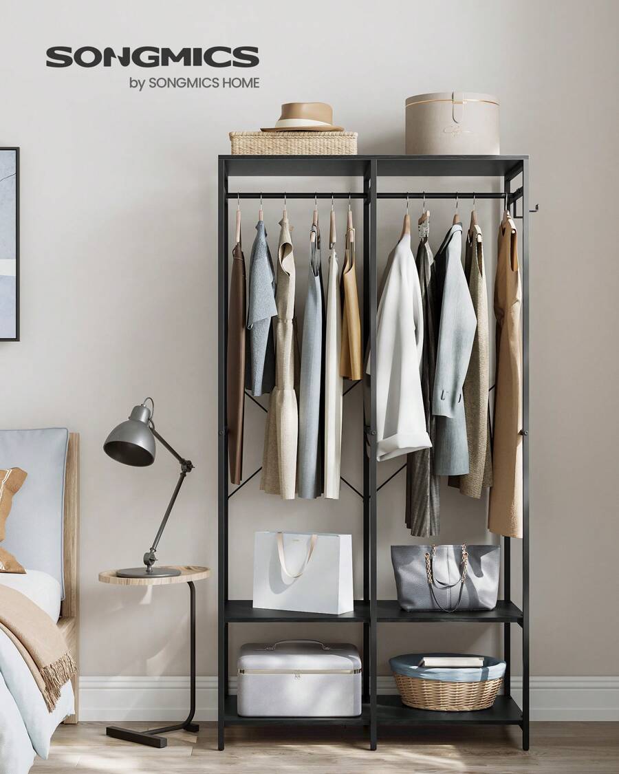 SONGMICS Portable Clothes Wardrobe, Foldable Closet, Clothes Rack Freestanding, Closet Organiser, With Hanging Rods, Storage Shelves, Removable Hooks, 40 X 94.5 X 180 Cm - Black - View 1
