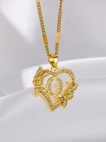 1 Pc Fashion Zirconia Flower Initial Heart Pendant Necklaces For Women Gold Color Stainless Steel Letter Chain Wedding Jewelry Gifts Valentines,Mom,Mother,Mother's Day,Gift