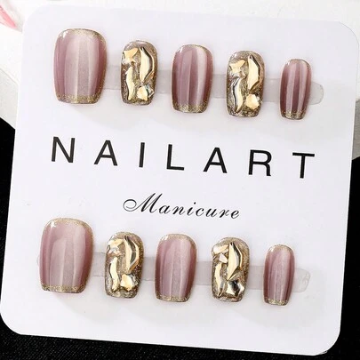 10 件套，玫瑰金色，中号梯形，按压式美甲，手工制作，设计优雅大方，高端法式风格，凝胶抛光，闪光，猫眼效果，金属光泽，全覆盖假指甲尖，各种形状的 3D 大水钻，配备 1 管果冻胶、1 个手指按压式指甲棒和 1 个抛光带。适合派对、旅行、跳舞、日常穿着和送给朋友的礼物，女士美甲用品，可重复使用。