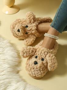 Dép đi trong nhà hình chó bông dễ thương cho nữ, dép đi trong nhà hoạt hình chống trượt có đế mềm, màu kaki - Màu Khaki - Xem 4