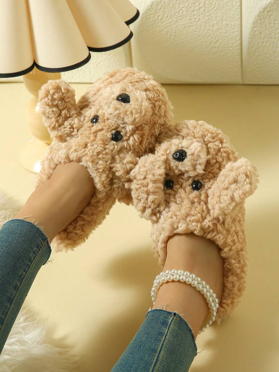 Dép đi trong nhà hình chó bông dễ thương cho nữ, dép đi trong nhà hoạt hình chống trượt có đế mềm, màu kaki - Màu Khaki - Xem 1