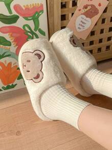 Women's Cartoon Plush Slippers, Bear Embroidered Pattern Indoor Anti-Slip Furry Slides For Home, Autumn Winter - White - View 4