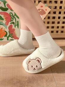 Women's Cartoon Plush Slippers, Bear Embroidered Pattern Indoor Anti-Slip Furry Slides For Home, Autumn Winter - White - View 2