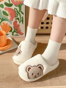 Women's Cartoon Plush Slippers, Bear Embroidered Pattern Indoor Anti-Slip Furry Slides For Home, Autumn Winter - White - View 7