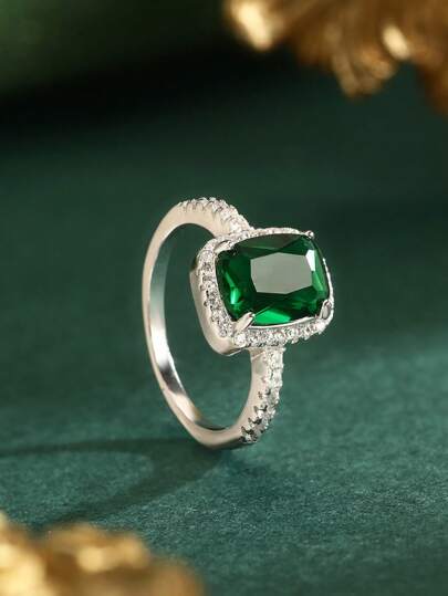1pc S925 Sterling Silver Ring With Square Green Cubic Zirconia And Full Diamond Encrusted, Classic Elegant Style Suitable For Women's Daily Wear, Silver Color Ring, Great Gift For Mother Or Girlfriend