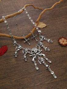 复古万圣节海盗骷髅流苏项链，女士休闲派对配饰十字骷髅项链套装 - 星星 - 查看 5
