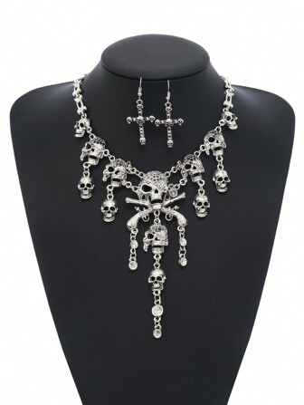 Vintage Halloween Pirate Skull Tassel Necklace & Cross Skeleton Necklace Set For Women Casual Party Accessories