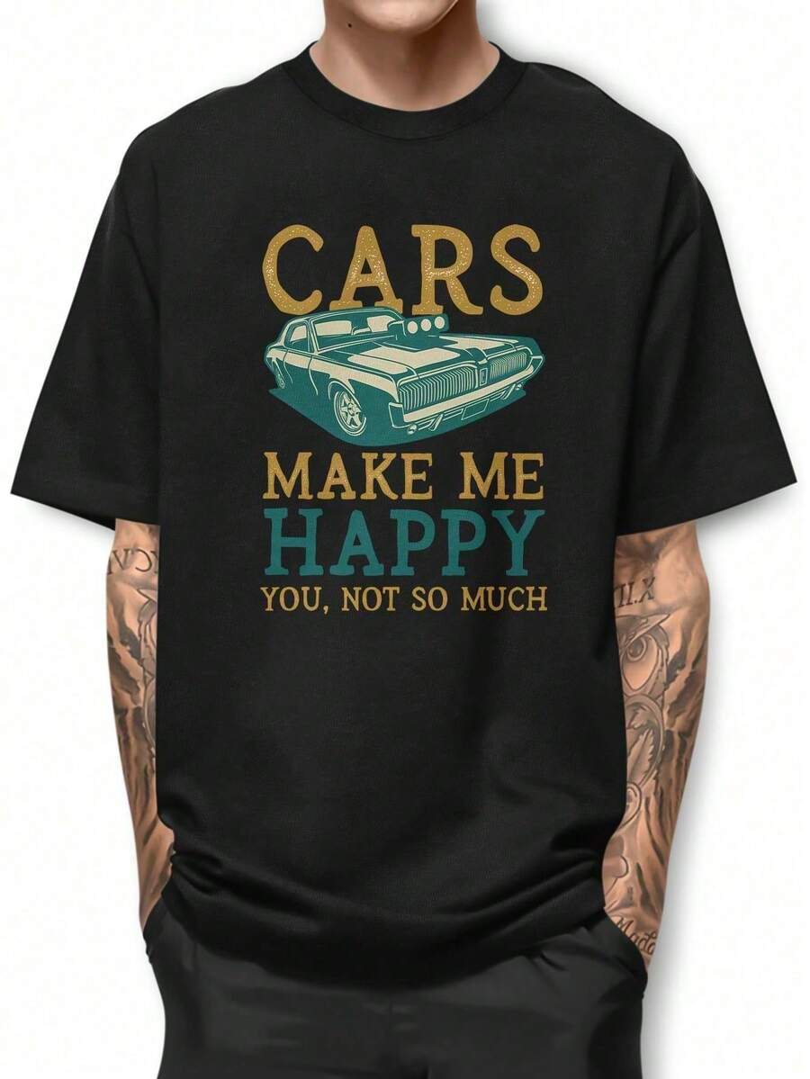 Make Me Happy Car Basic T-Shirt 100% Cotton Short Sleeve GPJ1 - 黑色 - 查看 1