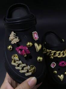 16pcs Detachable Metal Rhinestone Lip & Lipstick, ABS Flower Shoe Charms Decoration Clips, For Clogs, Sandals, Suitable For Shoes Accessories