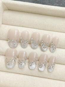 10 Pcs Luxury Handmade Press On Nails Middle Oval False Nails Tears Design False Nails With 3-Piece Tool Adhesive Nail Glue Tabs Suitable For The Daily Life Of Ladies And Girls. Nail Supplies Nails