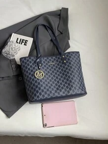 2025 New Fashion Women Large Capacity Full Print Letter Pattern Decor Dual Handle Tote Bag, Suitable For Work And Commute, Autumn/Winter New Large Capacity Shoulder Handbag, Women Handbag - Navy Blue - View 4