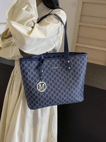 2025 New Fashion Women Large Capacity Full Print Letter Pattern Decor Dual Handle Tote Bag, Suitable For Work And Commute, Autumn/Winter New Large Capacity Shoulder Handbag, Women Handbag - Navy Blue - View 2