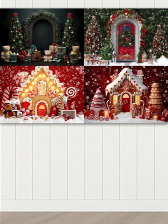 1pc Winter Snowy Christmas Party Photography Backdrop, Christmas Tree, Gifts, Candies, Family Portrait Background Decor, Studio Props