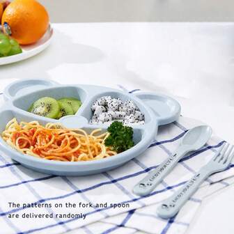 Children's Plate Set With Fork And Spoon, Bpa And Latex Free, Suitable For Toddler Feeding 0-3 Years Old, Cartoon Design, Encourages Eating, 1 Set
