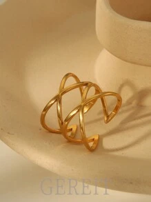 GEREIT 1 件时尚 18K 不锈钢十字线开口戒指，适合女性日常佩戴 - 金色 - 查看 1