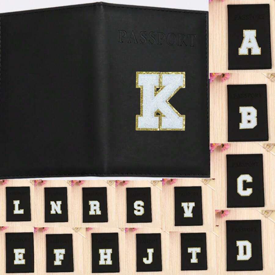 Chic Personalized Passport Holder For Women & Teens - Initial PU Leather Wallet With 26 Letter Patches, Stylish Travel Card Case, Perfect Unique Gift For Her, Enhance Your Jetset Style Travel Essentials School Back To School School Supplies Holiday Holiday Essentials Vacation Accessories Passport Cover - Black - View 1