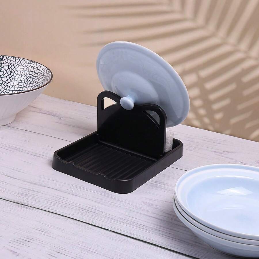 1pc Plastic Pot Lid Holder Stand, Kitchen Pot Cover Storage Rack - Black - View 1