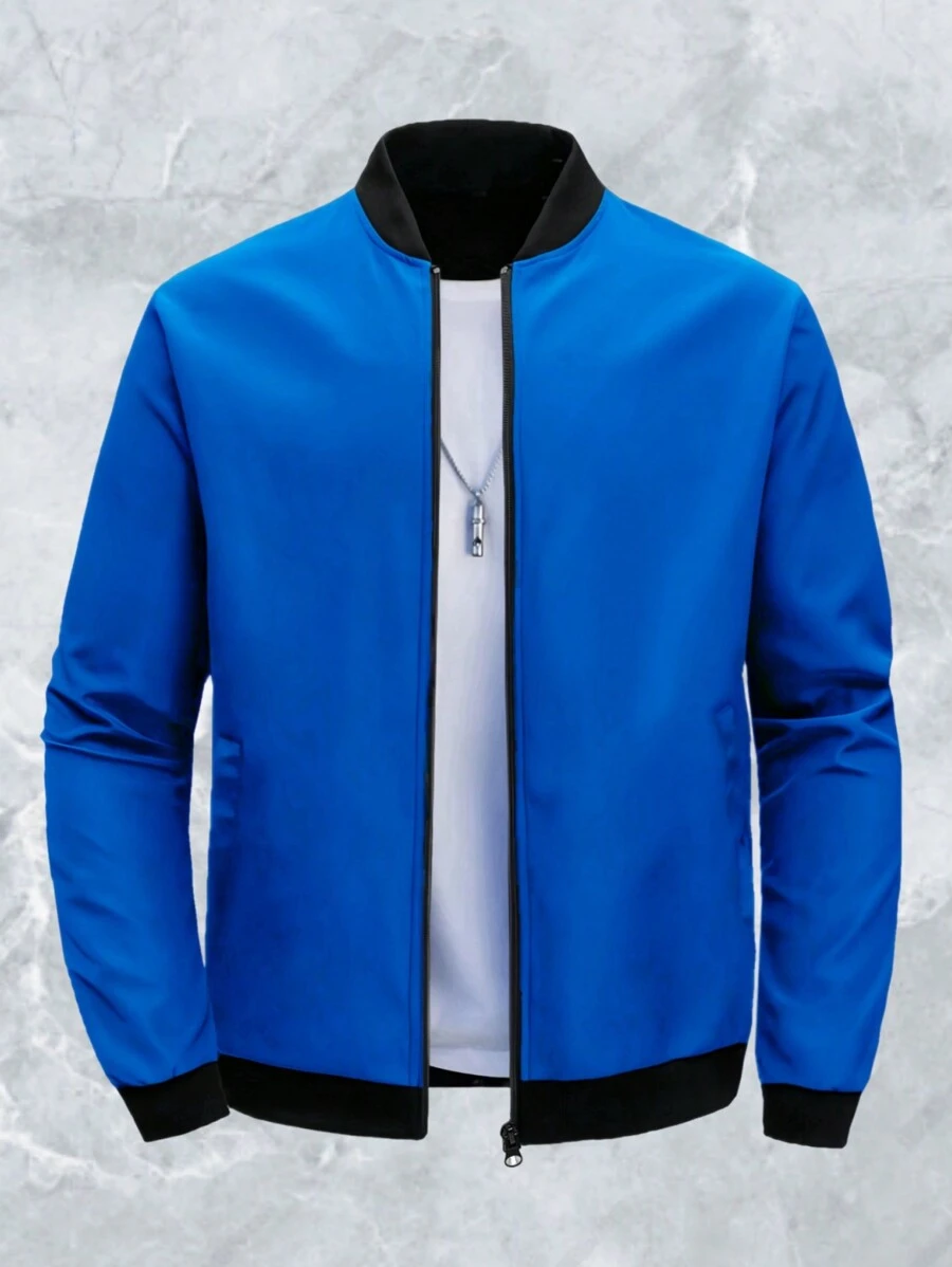 Casual Outdoor Sports Stand Collar Baseball Jacket, Solid Color Zipper Windbreaker, Great For Father's Day Spring