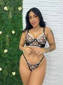 Lingerie Set Bra Panties Thong Transparent Tulle Embroidered Anabella - Đen và trắng - Xem 1