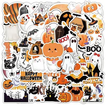 50pcs Ghost Stickers, Suitable For Scrapbooking, Laptop, Water Bottle, Refrigerator, Books, Luggage, Table, Helmet, Skateboard, Guitar, Scrapbook, DIY Box, Packaging Label, Party Sticker, Craft Supplies, Halloween DIY, Table, Skateboard,