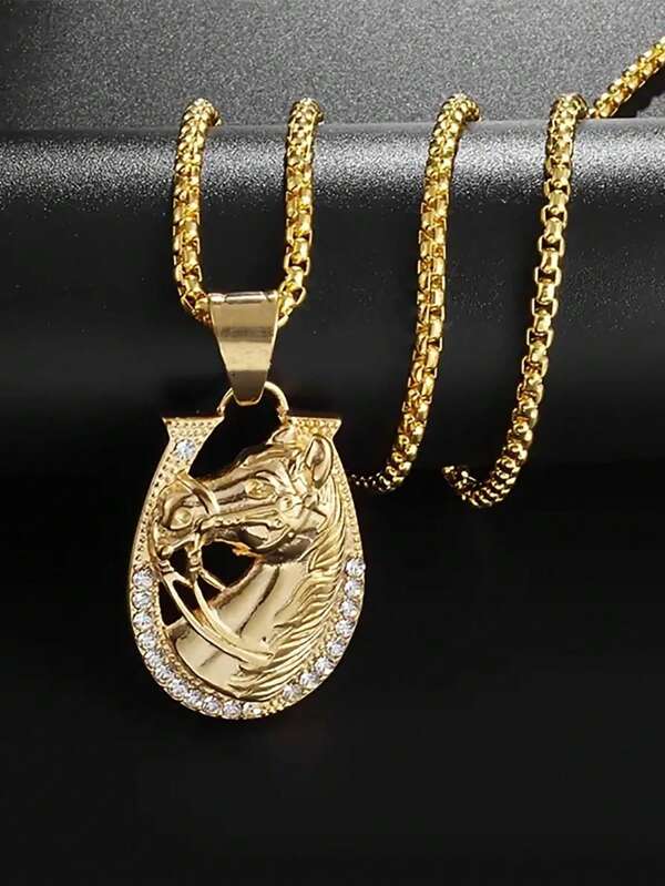 1pc Men's Horse Head & Rhinestone Decor Pendant Necklace In Gold Color