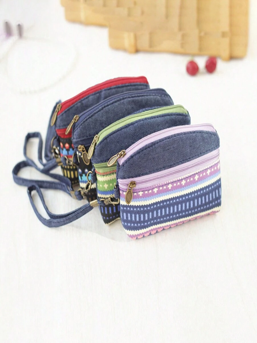 Mini Fabric Coin Purse Pattern Card Bag Double Zipper Bag(Random Pattern) Wallet Small Gifts For Women