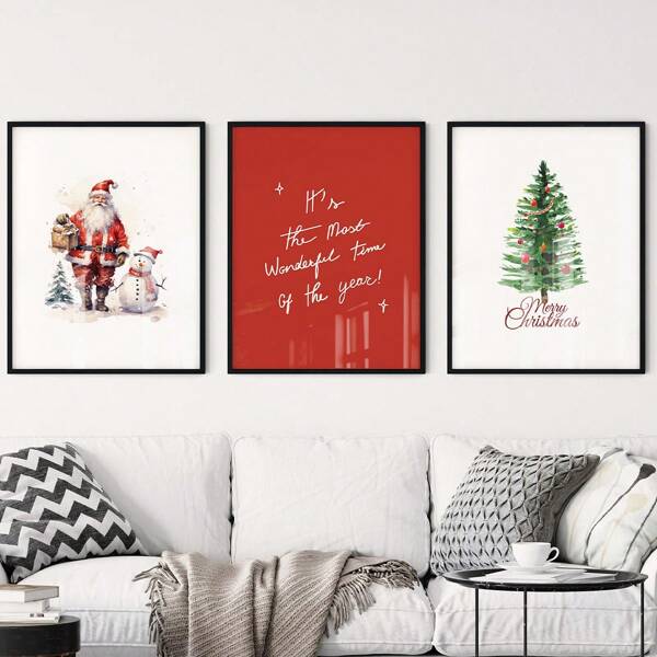 画廊 3 件套圣诞壁画，圣诞老人与雪人印刷品，圣诞节可印刷家居装饰，圣诞树壁画，帆布海报，家居、客厅、卧室、厨房、浴室帆布墙饰