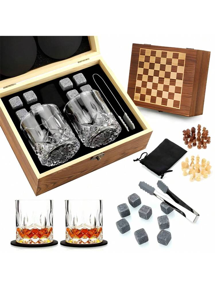 1 set Accessori per whisky Scacchiera - Include Scacchiera, 2 Bicchieri da Whisky e Pietre per Whisky in Lussuosa Scatola di Legno, Ottimo Regalo per il Bar di Casa | SHEIN ALIA