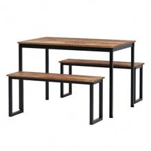 DlandHome Dining Table Set For 4,Kitchen Table With Benches,Wooden Dining Table And Chair Set Of 3, Iron Frame, Brown - màu nâu - Xem 7