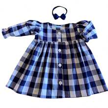 Mundo Nina Kids Baby Girl Dress Long Sleeve Sizes S To 1 100% Cotton Autumn Winter With Bow Headband - Màu xanh lam - Xem 2