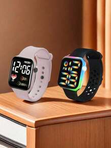 2 Stücke Set/1 Stück Batterie betriebene LED Sport Digitaluhr + 1 Stück coole Regenbogen Leuchtende Uhr, geeignet für Studenten als Alltagsuhr