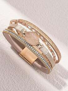 1pc Bohemian Style Rhinestone Weave Multi-Layer Braided Magnetic Closure Leather Bracelet, Suitable For Daily Wear By Women - Bracelet - View 10