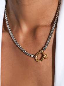 18K Gold Plated Stainless Steel Box Chain Necklace With Dual-Tone Chunky Clasp Pendant, Waterproof Jewelry For Women - Multicolor - View 13