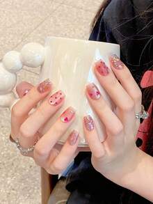 Handmade Press On Nails Cute Pink Heart & Polka Dot Cartoon Cat Eye Nail Art Wearable Nail Fake Nails(XS,S,M,L) Suitable For Women And Girls