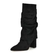 Women's Mid-Calf Boots Fold Over Chunky Heel Pointed Toe Slouch Riding Boots - Black - View 5