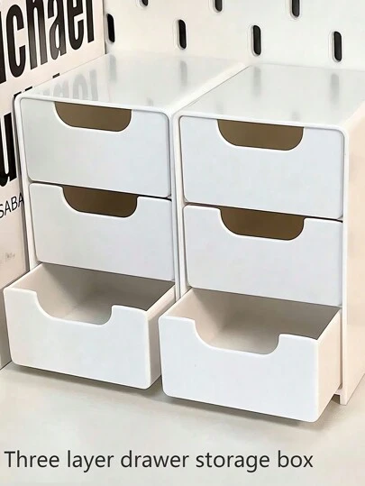 1pc Mini Desktop Storage Box With 3 Compartments, Jewelry Drawer Cosmetics Organizer, Simple 3 Layers Drawer Storage Box, Tabletop Storage Box Room Decor Home Decor Fall Decor Bedroom Decor
