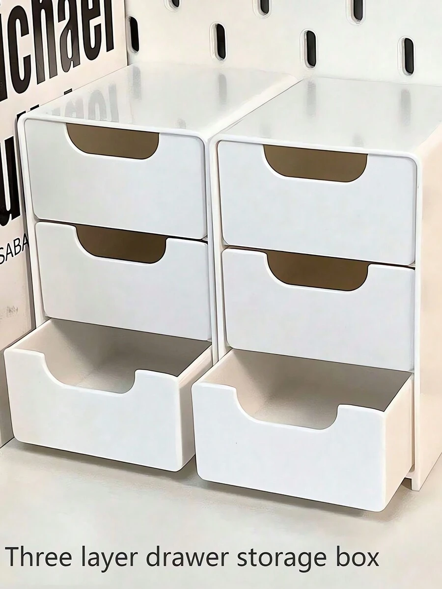 1pc Mini Desktop Storage Box With 3 Compartments, Drawer Cosmetics Organizer, Simple 3 Layers Drawer Storage Box, Tabletop Storage Box Halloween Decor, Room Decor, Christmas Decorations, Halloween, Halloween Decorations, Christmas, Halloween Decor, Christmas Decor, Fall Decor, Christmas Decor, Storage, Organizer - White - View 1