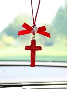 1pc Rhinestone Encrusted Ceramic Cross Car Hanging Decor - one-size - View 3