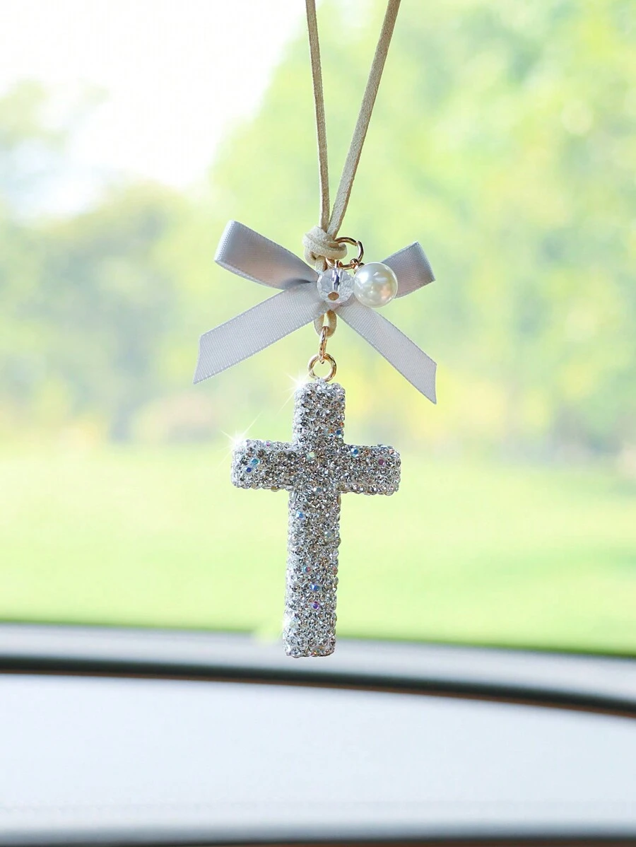 1pc Rhinestone Encrusted Ceramic Cross Car Hanging Decor - one-size - View 1