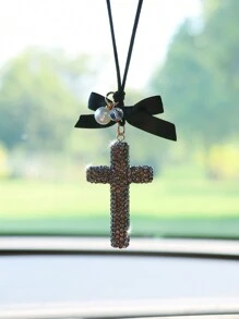 1pc Rhinestone Encrusted Ceramic Cross Car Hanging Decor - one-size - View 4