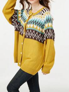 Plus Size Geometric Pattern Long Sleeve Cardigan, Casual For Autumn/Winter - Yellow - View 2