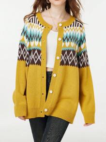 Plus Size Geometric Pattern Long Sleeve Cardigan, Casual For Autumn/Winter - Yellow - View 5