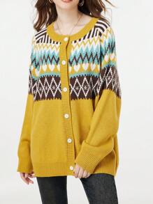 Plus Size Geometric Pattern Long Sleeve Cardigan, Casual For Autumn/Winter - Yellow - View 3